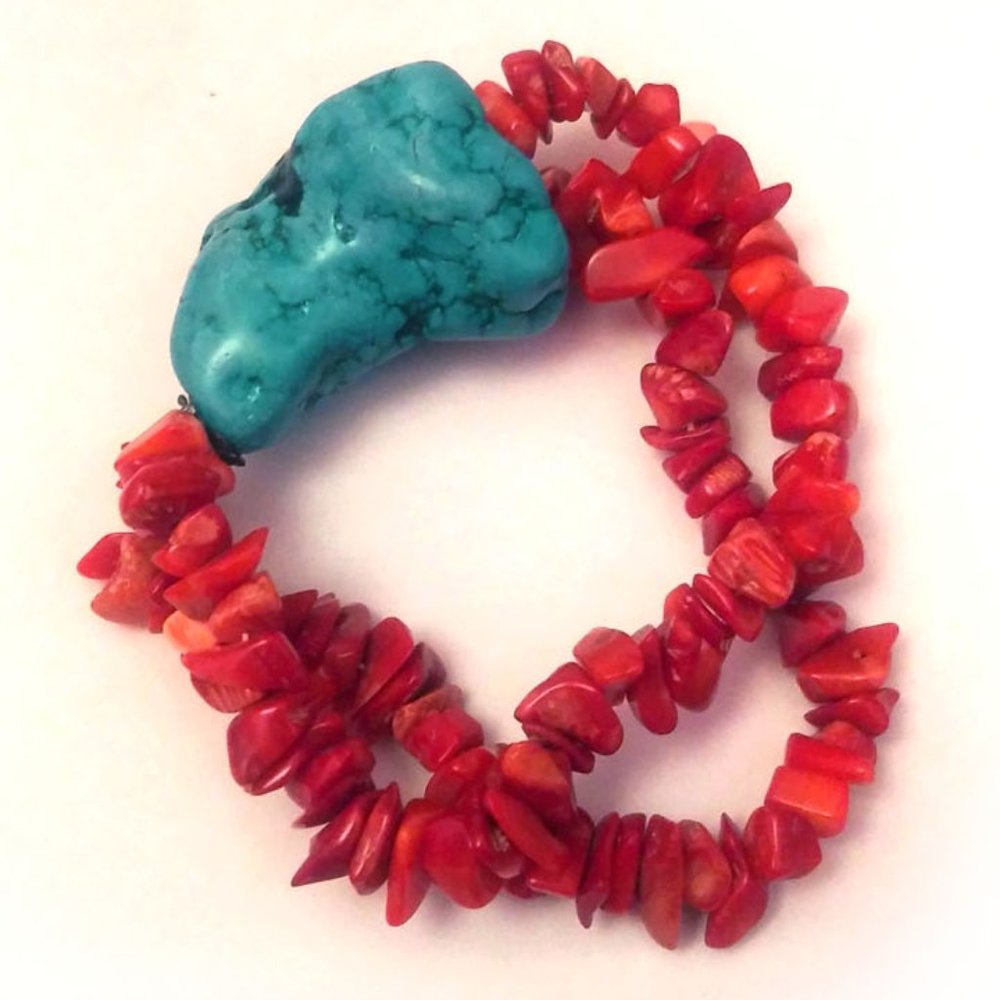 Stretch Bracelet Faux Turquoise & Coral Bead